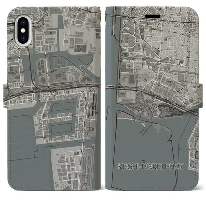 【葛西臨海公園（東京都）】地図柄iPhoneケース（手帳タイプ）モノトーン・iPhone XS Max 用