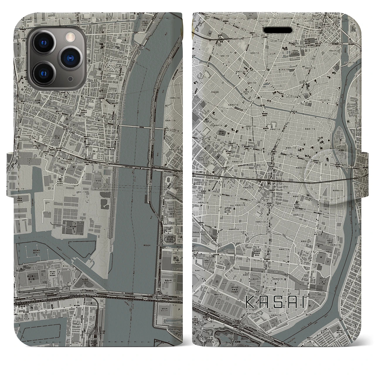 【葛西】地図柄iPhoneケース（手帳両面タイプ・モノトーン）iPhone 11 Pro Max 用