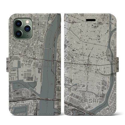 【葛西（東京都）】地図柄iPhoneケース（手帳タイプ）モノトーン・iPhone 11 Pro 用