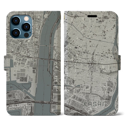 【葛西（東京都）】地図柄iPhoneケース（手帳タイプ）モノトーン・iPhone 12 / 12 Pro 用