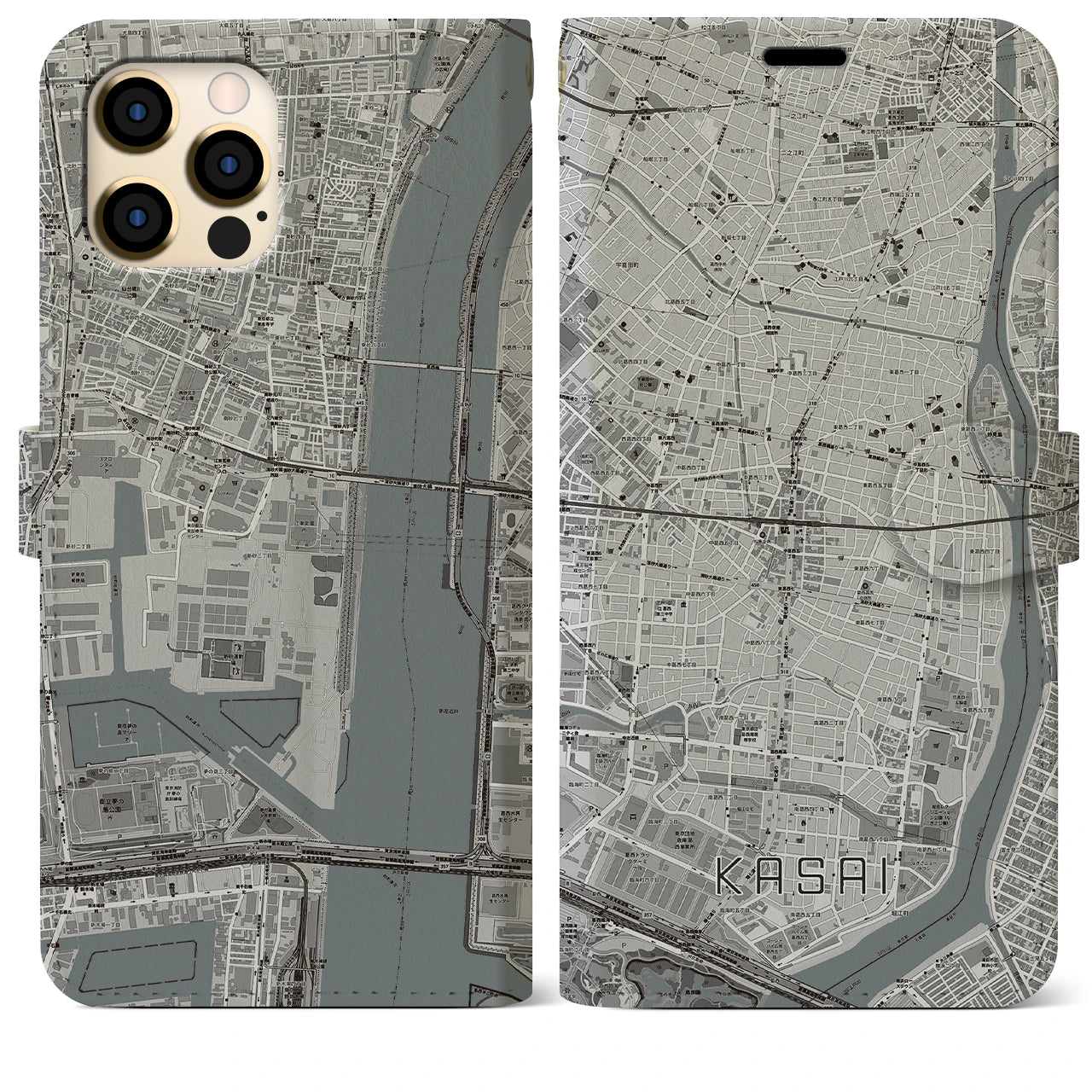 【葛西】地図柄iPhoneケース（手帳両面タイプ・モノトーン）iPhone 12 Pro Max 用