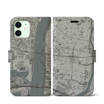【葛西（東京都）】地図柄iPhoneケース（手帳タイプ）モノトーン・iPhone 12 mini 用