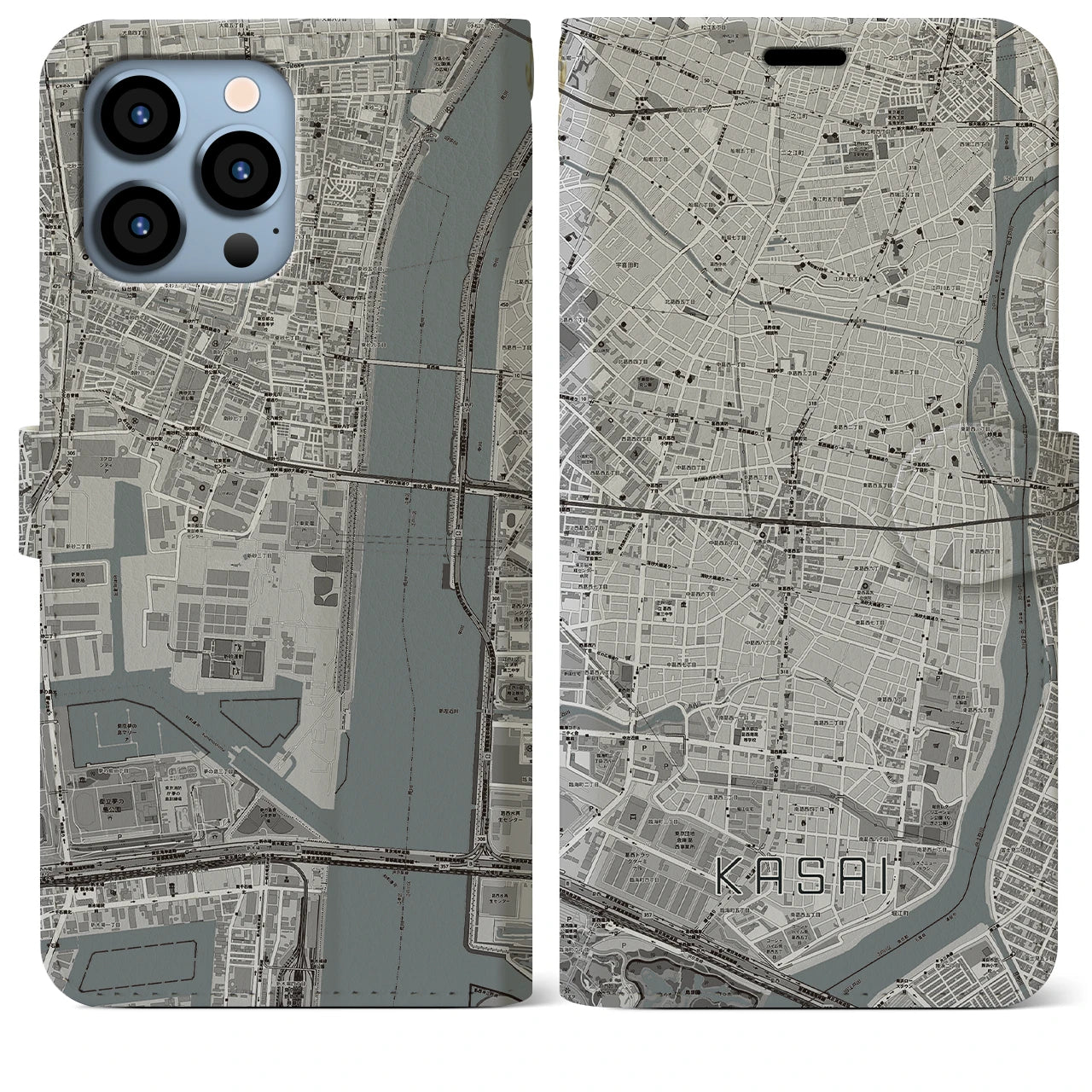 【葛西】地図柄iPhoneケース（手帳両面タイプ・モノトーン）iPhone 13 Pro Max 用