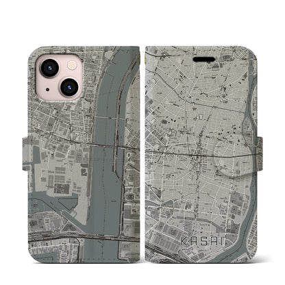 【葛西（東京都）】地図柄iPhoneケース（手帳タイプ）モノトーン・iPhone 13 mini 用