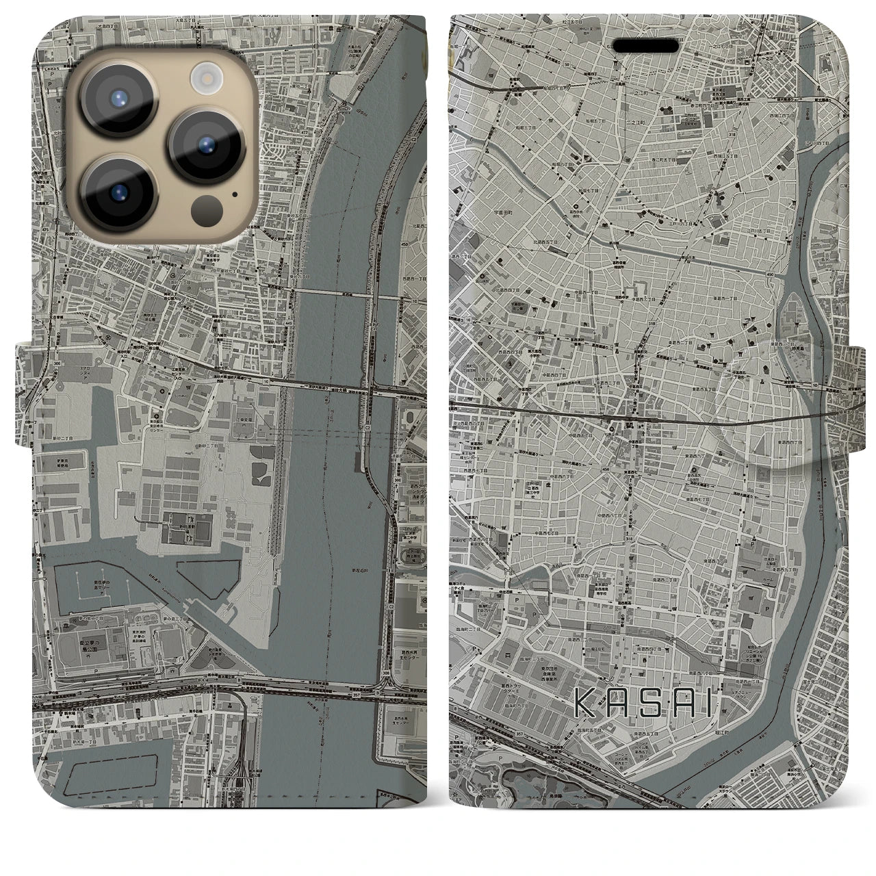 【葛西】地図柄iPhoneケース（手帳両面タイプ・モノトーン）iPhone 14 Pro Max 用