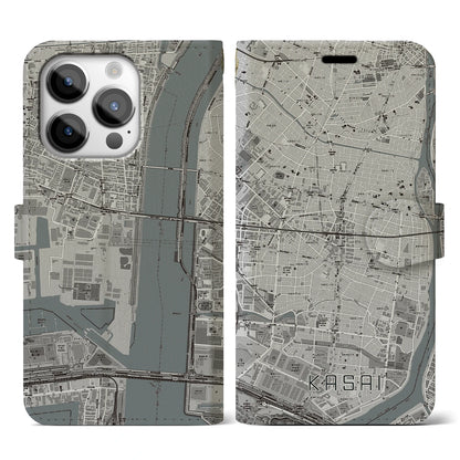 【葛西（東京都）】地図柄iPhoneケース（手帳タイプ）モノトーン・iPhone 14 Pro 用