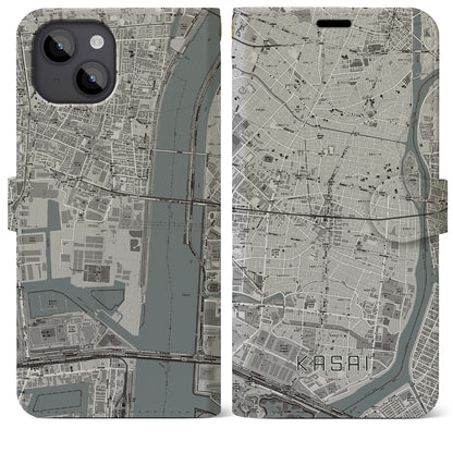 【葛西（東京都）】地図柄iPhoneケース（手帳タイプ）モノトーン・iPhone 14 Plus 用