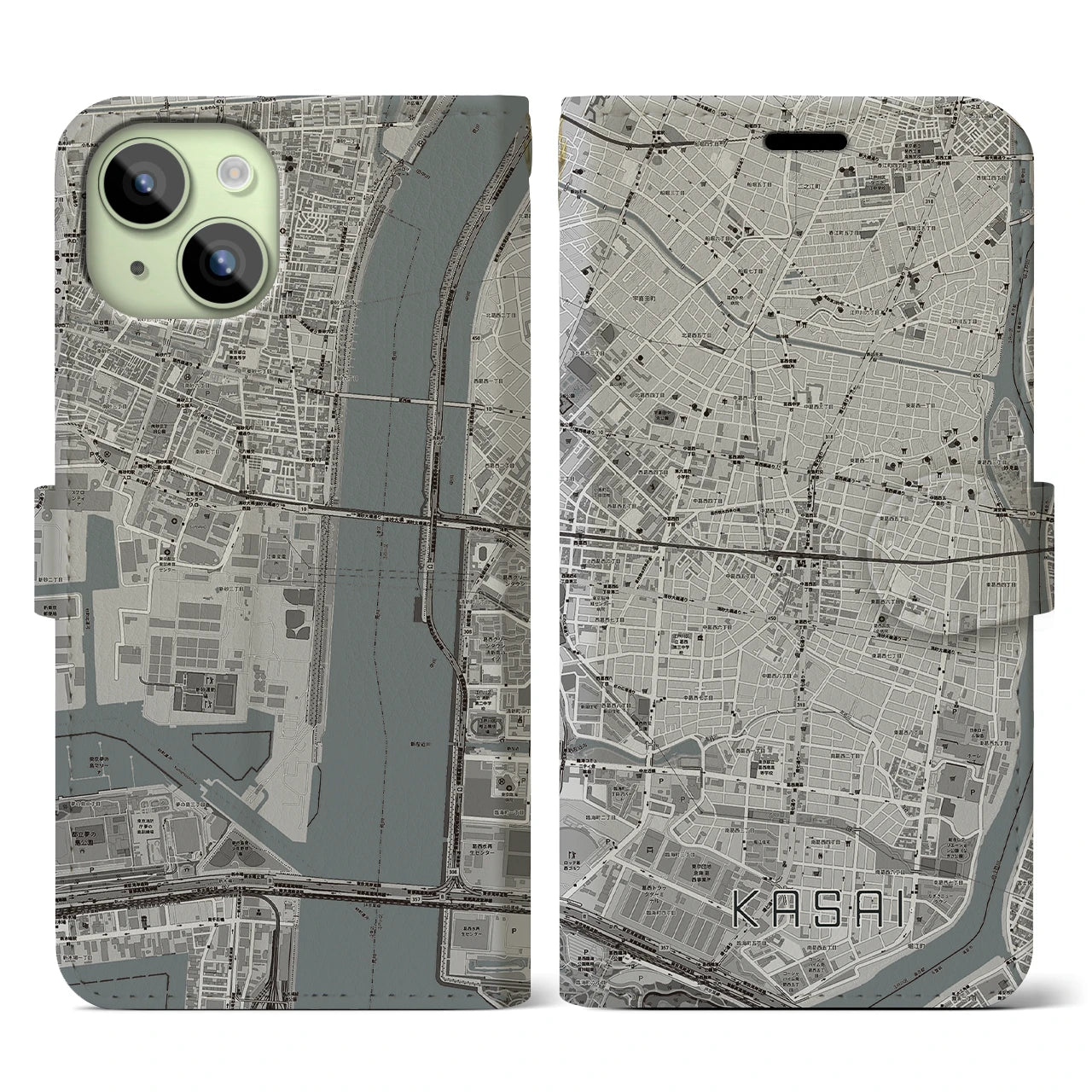 【葛西】地図柄iPhoneケース（手帳両面タイプ・モノトーン）iPhone 15 用