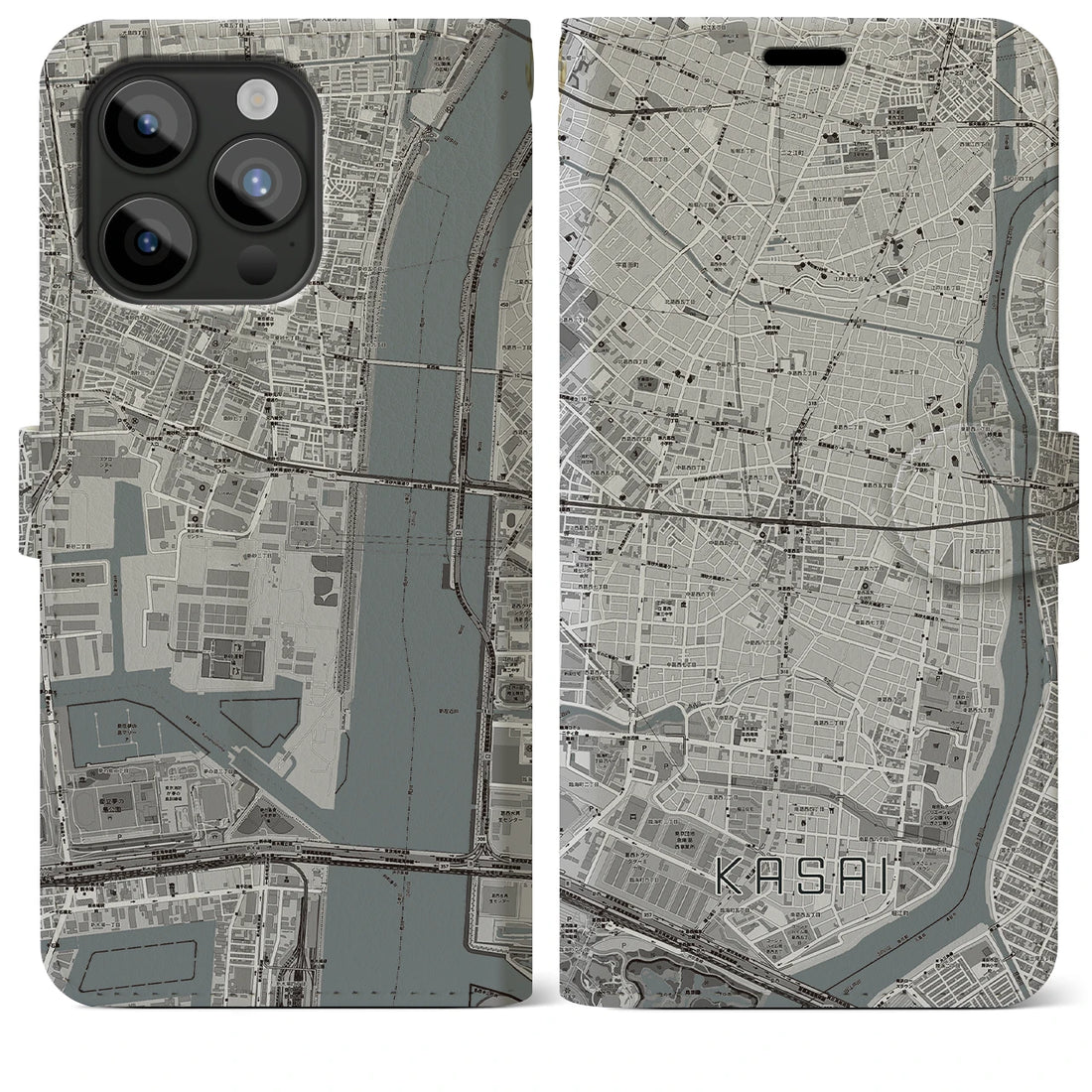 【葛西】地図柄iPhoneケース（手帳両面タイプ・モノトーン）iPhone 15 Pro Max 用