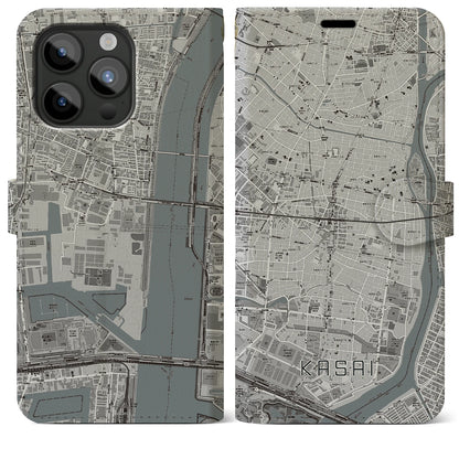 【葛西（東京都）】地図柄iPhoneケース（手帳タイプ）モノトーン・iPhone 15 Pro Max 用