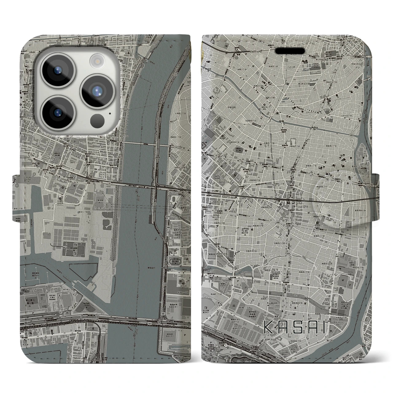【葛西】地図柄iPhoneケース（手帳両面タイプ・モノトーン）iPhone 15 Pro 用
