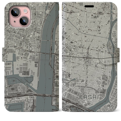 【葛西（東京都）】地図柄iPhoneケース（手帳タイプ）モノトーン・iPhone 15 Plus 用