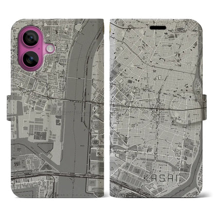【葛西（東京都）】地図柄iPhoneケース（手帳タイプ）モノトーン・iPhone 16 Pro 用