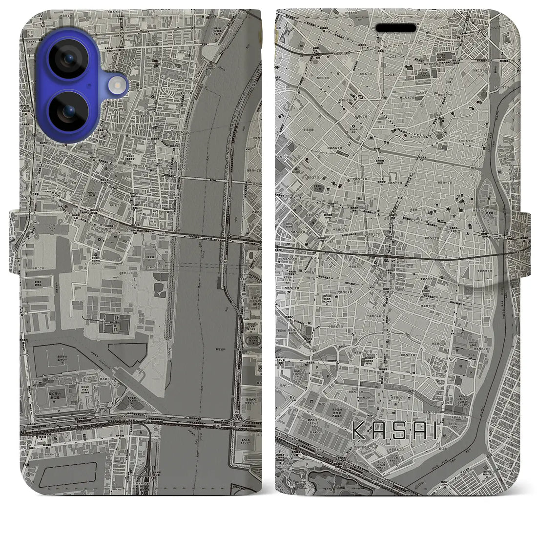 【葛西（東京都）】地図柄iPhoneケース（手帳タイプ）モノトーン・iPhone 16 Pro Max 用