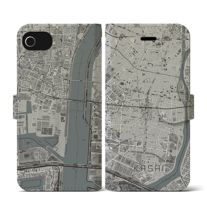 【葛西（東京都）】地図柄iPhoneケース（手帳タイプ）モノトーン・iPhone SE（第3 / 第2世代） / 8 / 7 / 6s / 6 用