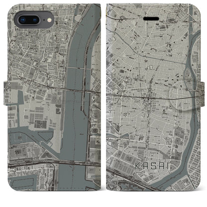 【葛西（東京都）】地図柄iPhoneケース（手帳タイプ）モノトーン・iPhone 8Plus /7Plus / 6sPlus / 6Plus 用