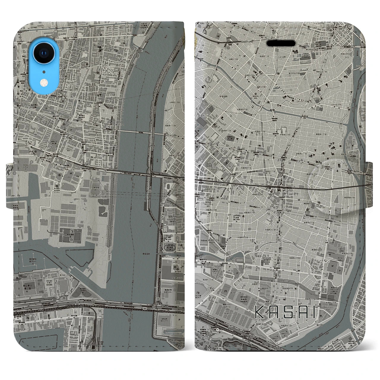 【葛西】地図柄iPhoneケース（手帳両面タイプ・モノトーン）iPhone XR 用