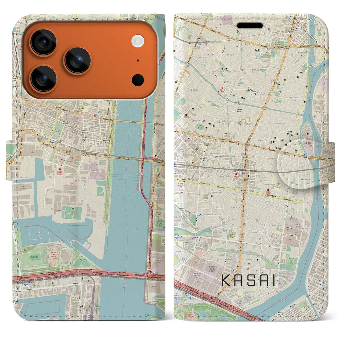 【葛西（東京都）】地図柄iPhoneケース（手帳タイプ）ナチュラル・iPhone 17 Pro Max 用