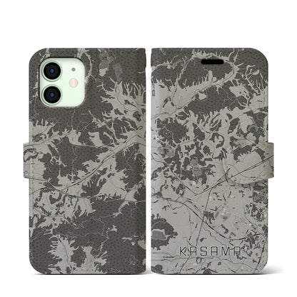 【笠間（茨城県）】地図柄iPhoneケース（手帳タイプ）モノトーン・iPhone 12 mini 用