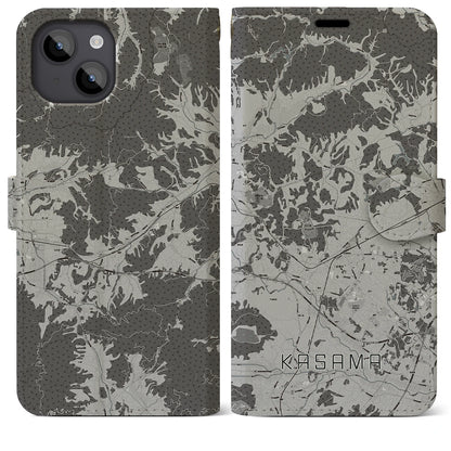 【笠間（茨城県）】地図柄iPhoneケース（手帳タイプ）モノトーン・iPhone 14 Plus 用