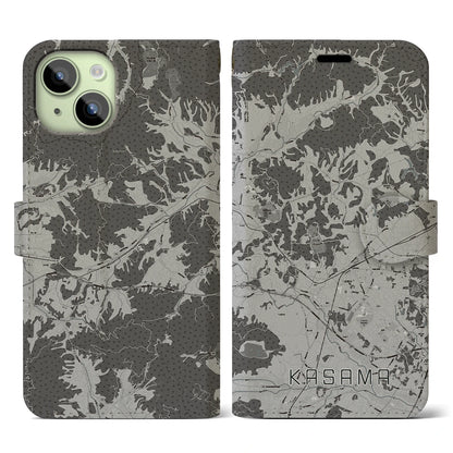 【笠間（茨城県）】地図柄iPhoneケース（手帳タイプ）モノトーン・iPhone 15 用