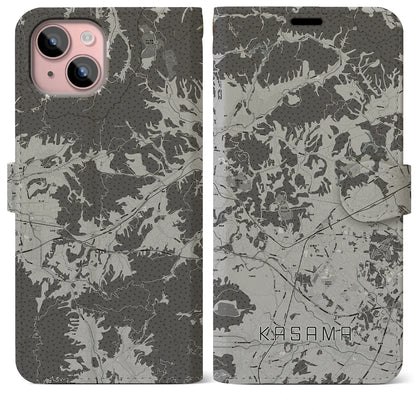 【笠間（茨城県）】地図柄iPhoneケース（手帳タイプ）モノトーン・iPhone 15 Plus 用