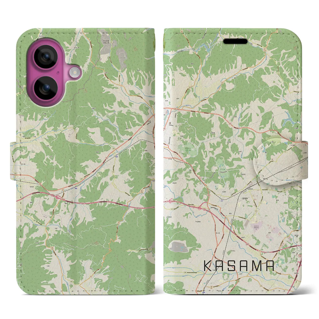 【笠間（茨城県）】地図柄iPhoneケース（手帳タイプ）ナチュラル・iPhone 16 Pro 用