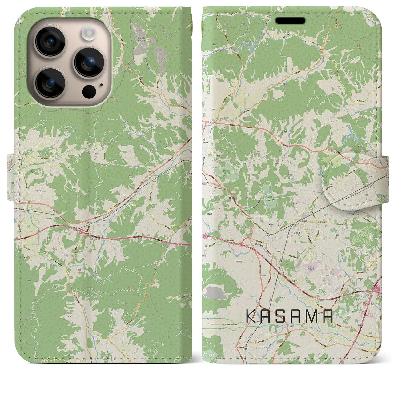 【笠間（茨城県）】地図柄iPhoneケース（手帳タイプ）ナチュラル・iPhone 16 Plus 用