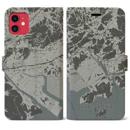 【笠岡（岡山県）】地図柄iPhoneケース（手帳タイプ）モノトーン・iPhone 11 用