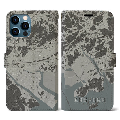【笠岡（岡山県）】地図柄iPhoneケース（手帳タイプ）モノトーン・iPhone 12 / 12 Pro 用