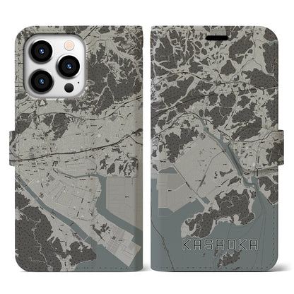 【笠岡（岡山県）】地図柄iPhoneケース（手帳タイプ）モノトーン・iPhone 13 Pro 用