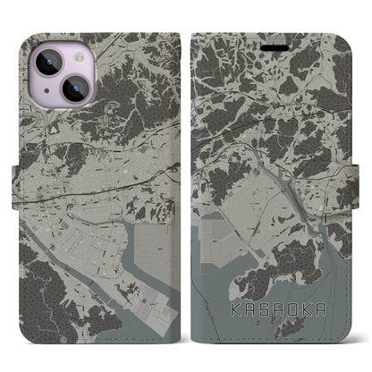 【笠岡（岡山県）】地図柄iPhoneケース（手帳タイプ）モノトーン・iPhone 14 用
