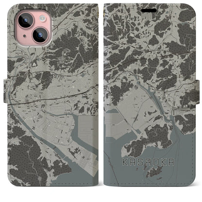 【笠岡（岡山県）】地図柄iPhoneケース（手帳タイプ）モノトーン・iPhone 15 Plus 用