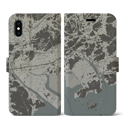 【笠岡（岡山県）】地図柄iPhoneケース（手帳タイプ）モノトーン・iPhone XS / X 用