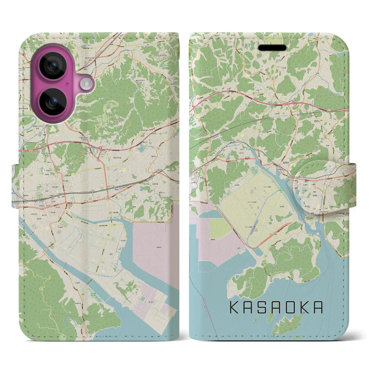 【笠岡（岡山県）】地図柄iPhoneケース（手帳タイプ）ナチュラル・iPhone 16 Pro 用