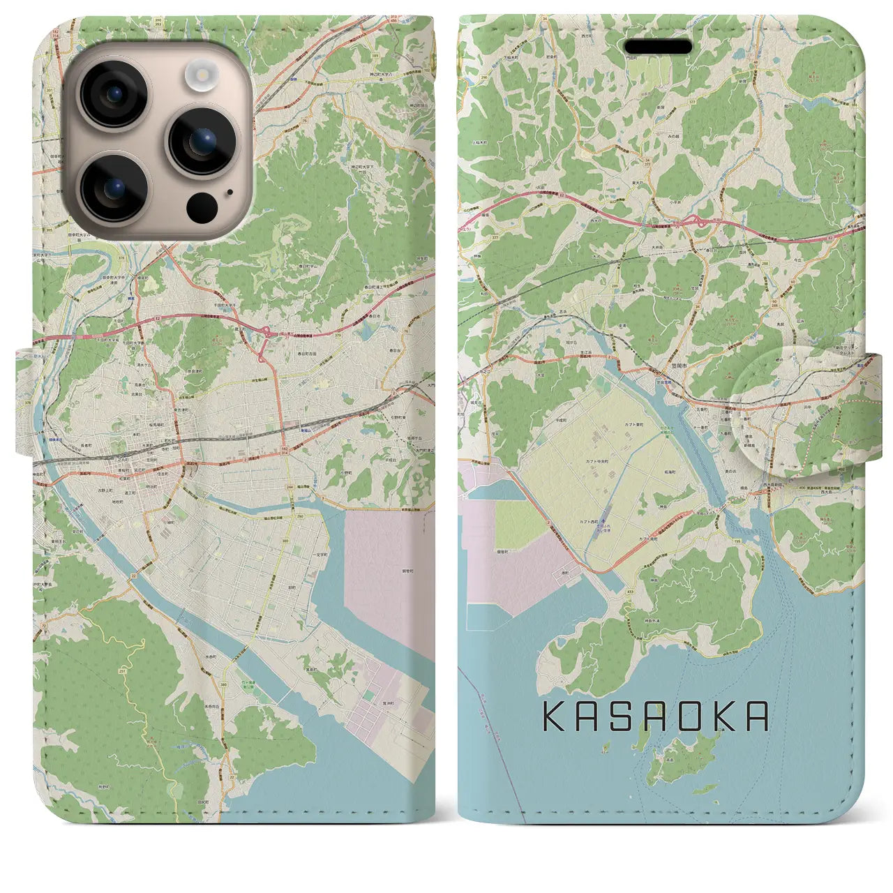 【笠岡（岡山県）】地図柄iPhoneケース（手帳タイプ）ナチュラル・iPhone 16 Plus 用