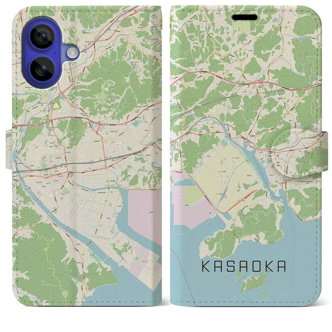 【笠岡（岡山県）】地図柄iPhoneケース（手帳タイプ）ナチュラル・iPhone 16 Pro Max 用