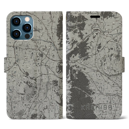 【香芝（奈良県）】地図柄iPhoneケース（手帳タイプ）モノトーン・iPhone 12 / 12 Pro 用