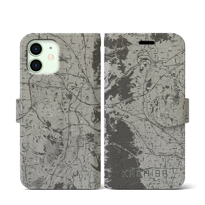 【香芝（奈良県）】地図柄iPhoneケース（手帳タイプ）モノトーン・iPhone 12 mini 用