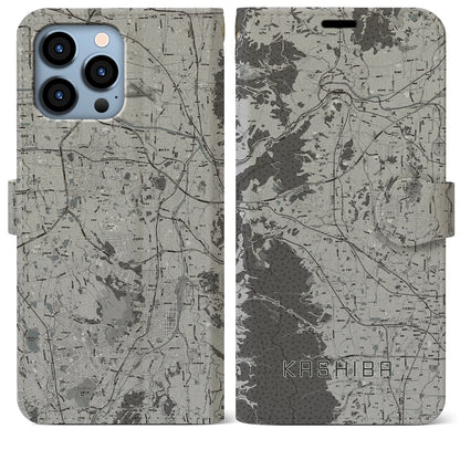 【香芝（奈良県）】地図柄iPhoneケース（手帳タイプ）モノトーン・iPhone 13 Pro Max 用