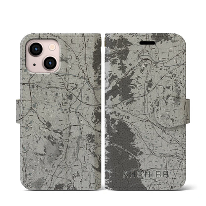 【香芝（奈良県）】地図柄iPhoneケース（手帳タイプ）モノトーン・iPhone 13 mini 用