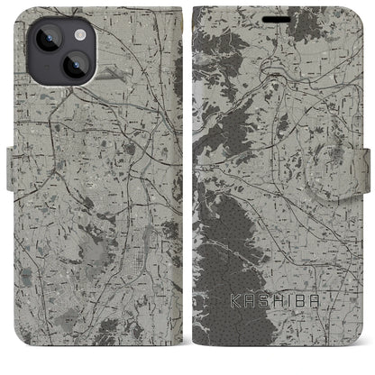 【香芝（奈良県）】地図柄iPhoneケース（手帳タイプ）モノトーン・iPhone 14 Plus 用