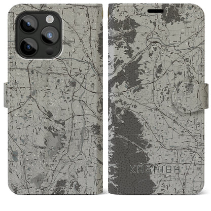 【香芝（奈良県）】地図柄iPhoneケース（手帳タイプ）モノトーン・iPhone 15 Pro Max 用