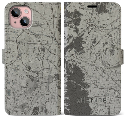 【香芝（奈良県）】地図柄iPhoneケース（手帳タイプ）モノトーン・iPhone 15 Plus 用