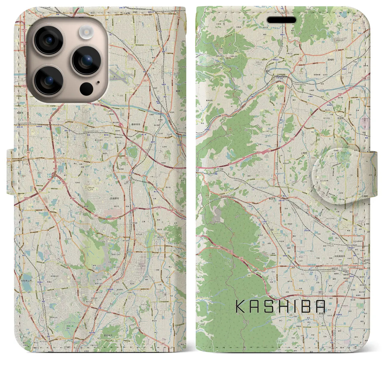 【香芝（奈良県）】地図柄iPhoneケース（手帳タイプ）ナチュラル・iPhone 16 Plus 用