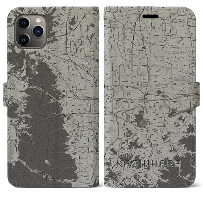 【橿原（奈良県）】地図柄iPhoneケース（手帳タイプ）モノトーン・iPhone 11 Pro Max 用