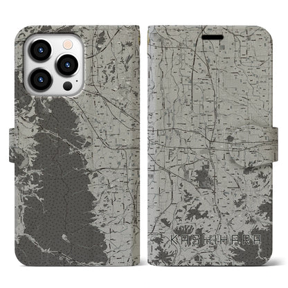 【橿原（奈良県）】地図柄iPhoneケース（手帳タイプ）モノトーン・iPhone 13 Pro 用