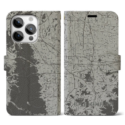 【橿原（奈良県）】地図柄iPhoneケース（手帳タイプ）モノトーン・iPhone 14 Pro 用