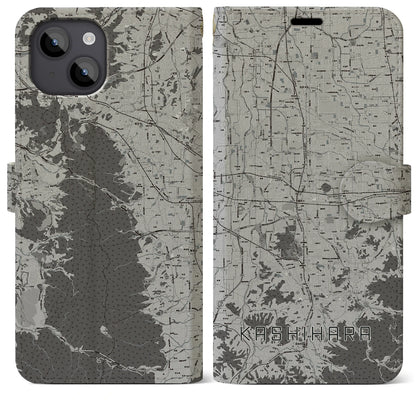 【橿原（奈良県）】地図柄iPhoneケース（手帳タイプ）モノトーン・iPhone 14 Plus 用
