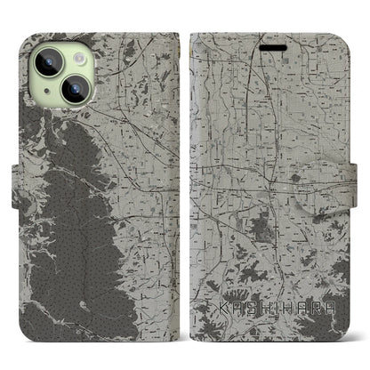 【橿原（奈良県）】地図柄iPhoneケース（手帳タイプ）モノトーン・iPhone 15 用